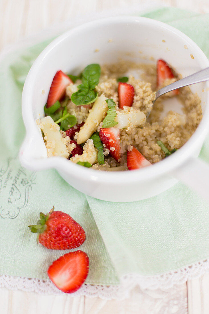 Quinoa with strawberries and rhubarb