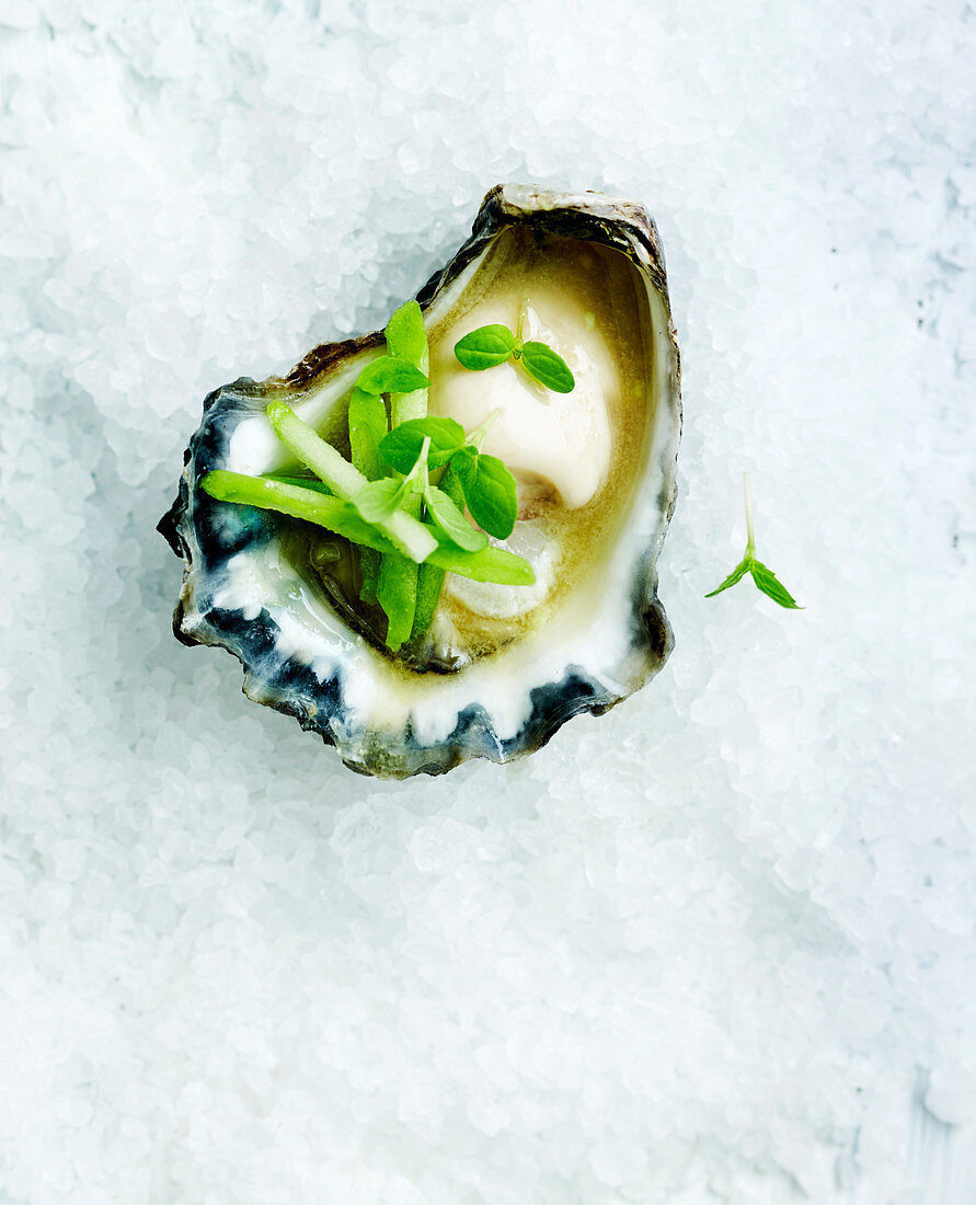 Oyster on crushed ice with green apple and wasabi
