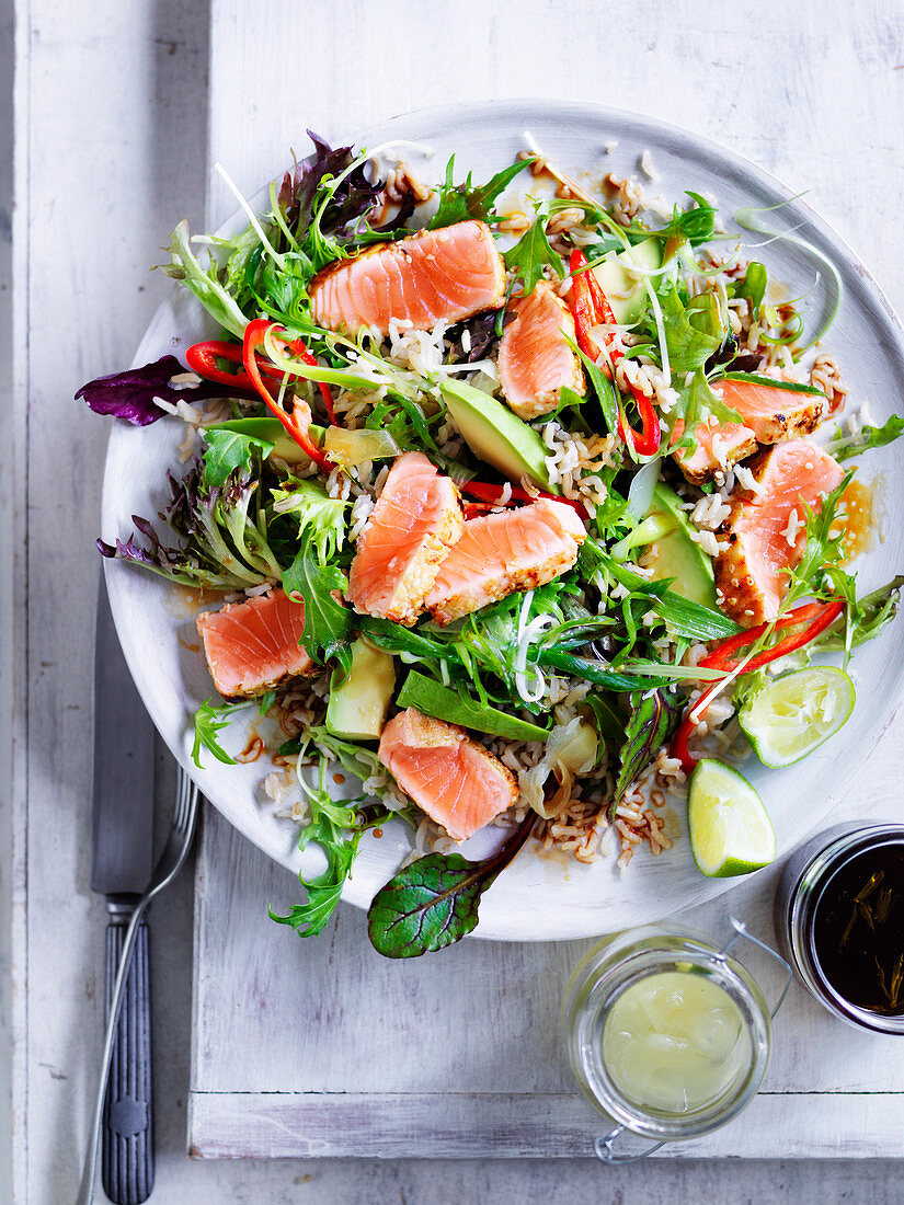 Seared wasabi salmon and brown rice salad