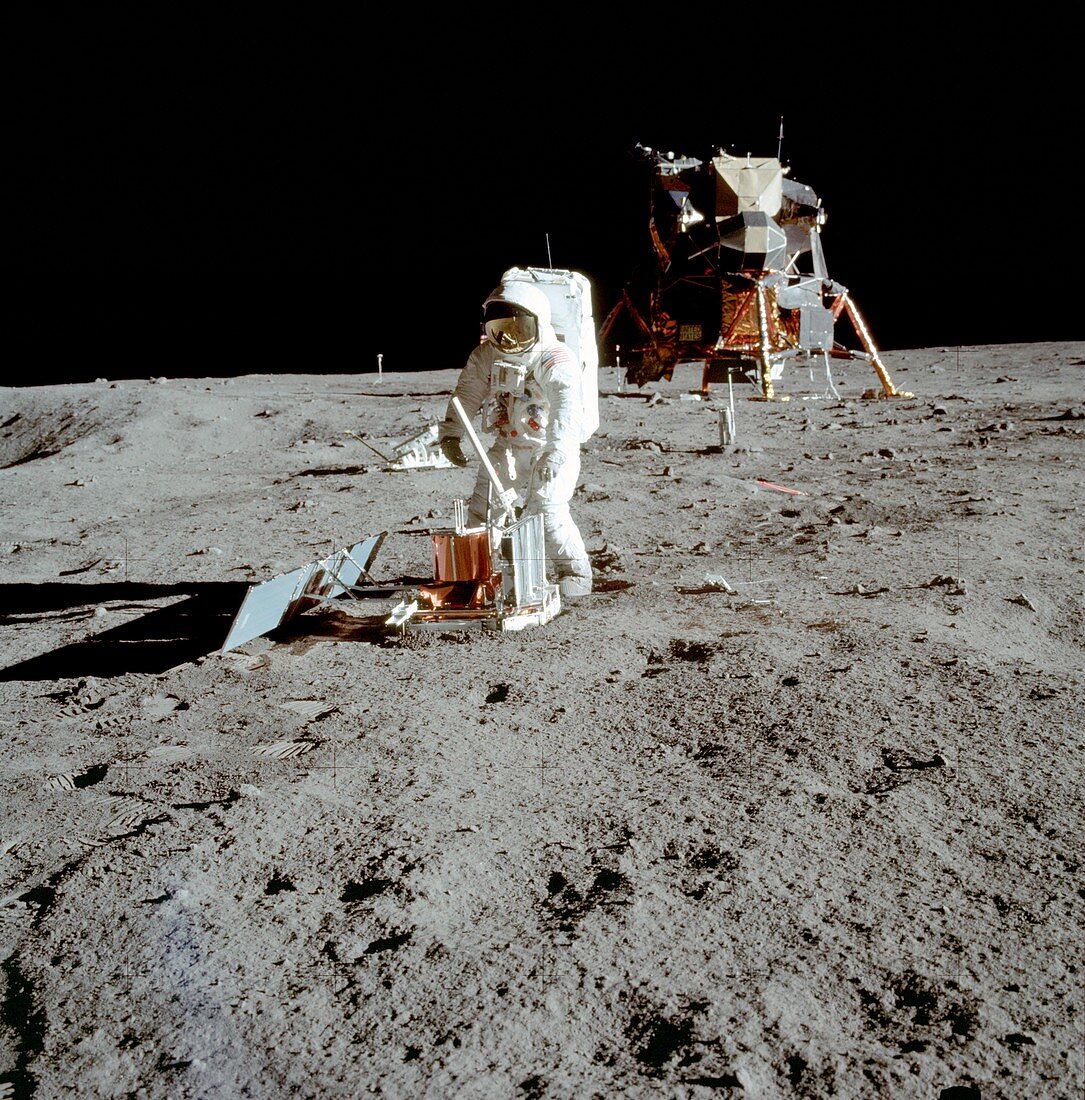 Apollo 11 astronaut Buzz Aldrin setting up experiment