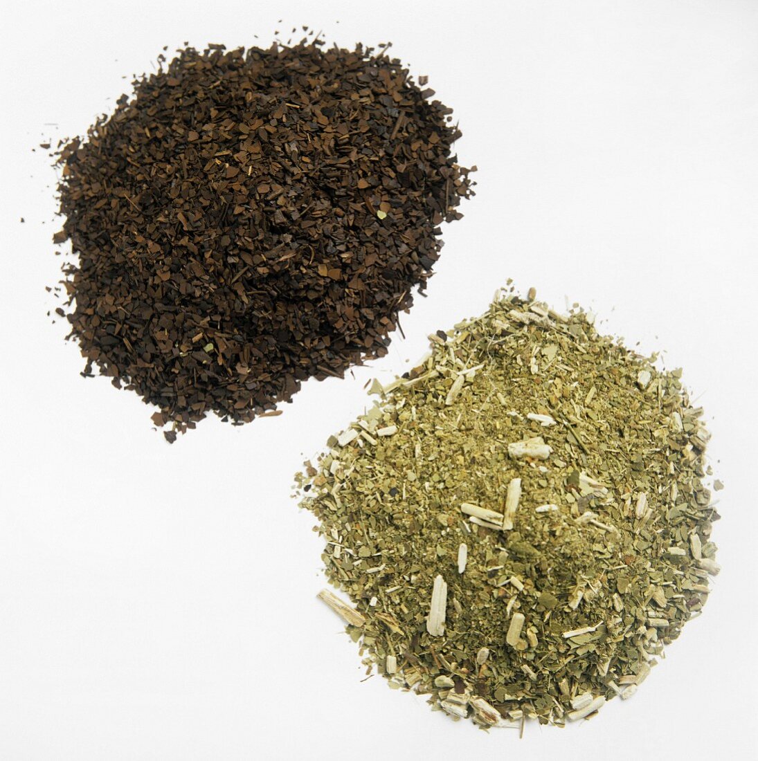 Two Piles of Tea; Green Tea and Roasted Tea