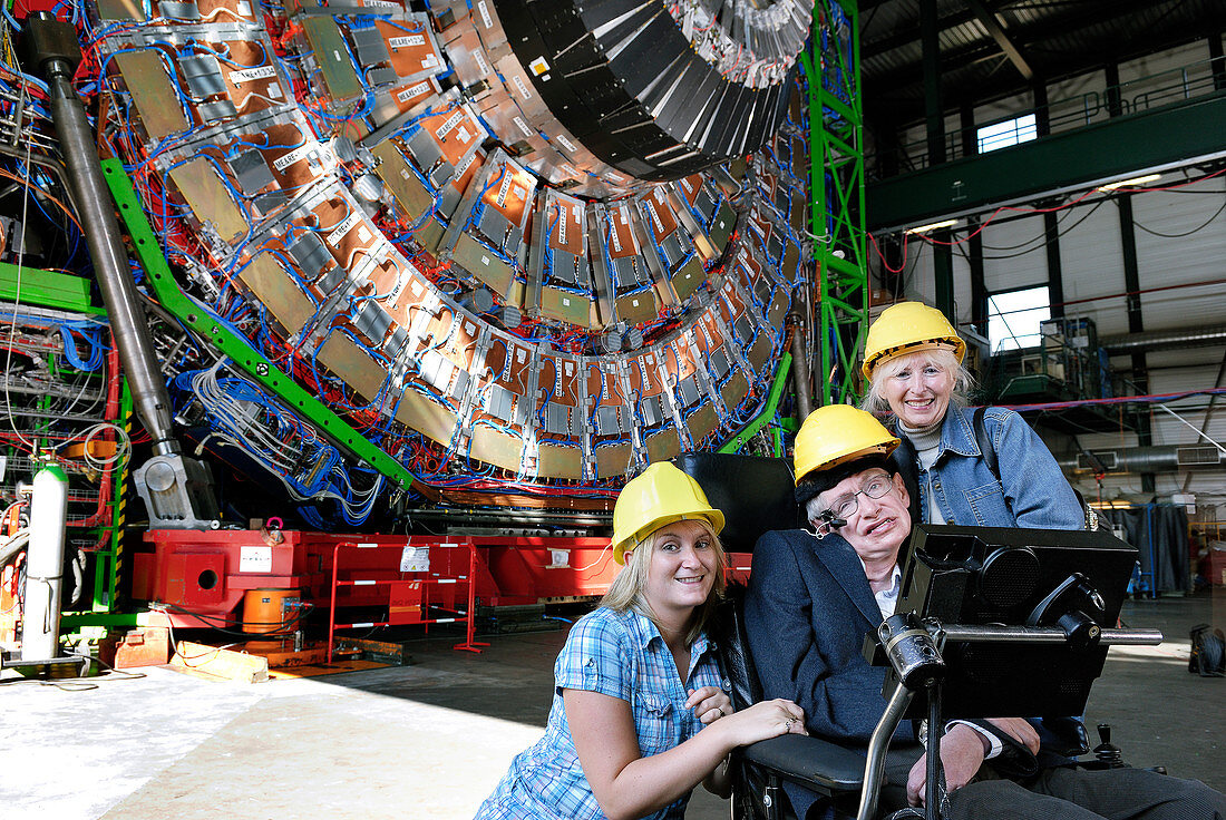 Stephen Hawking with visitors at CERN's CMS in 2006