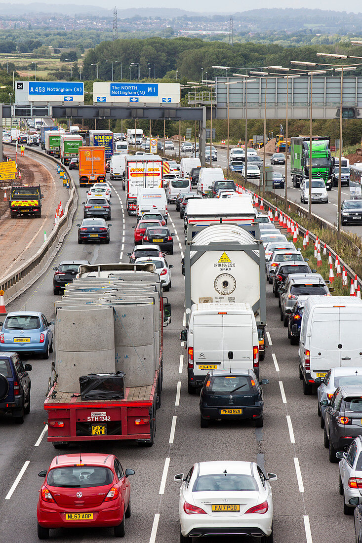 Tailbacks on the M1 motorway in the East Midlands, UK
