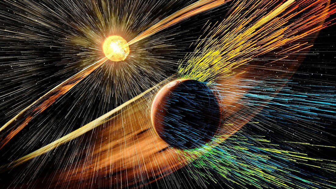 Solar storm stripping Martian atmosphere, illustration