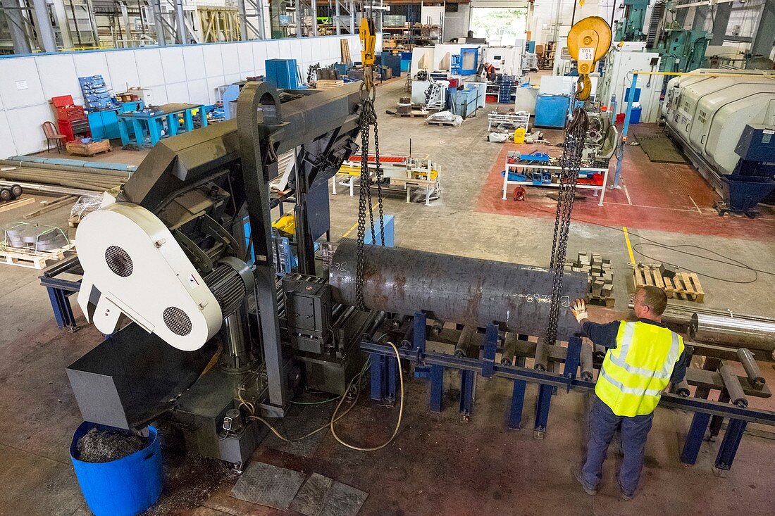 Cutting steel at metalworks, Scotland, UK