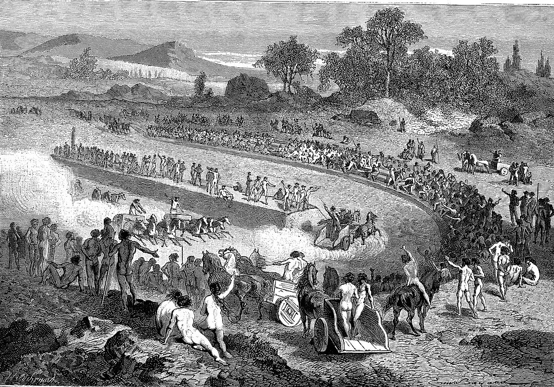 Prehistoric racing, 19th Century illustration