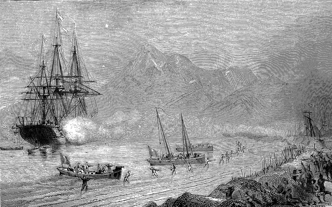 D'Urville attacking Tonga, 19th Century illustration