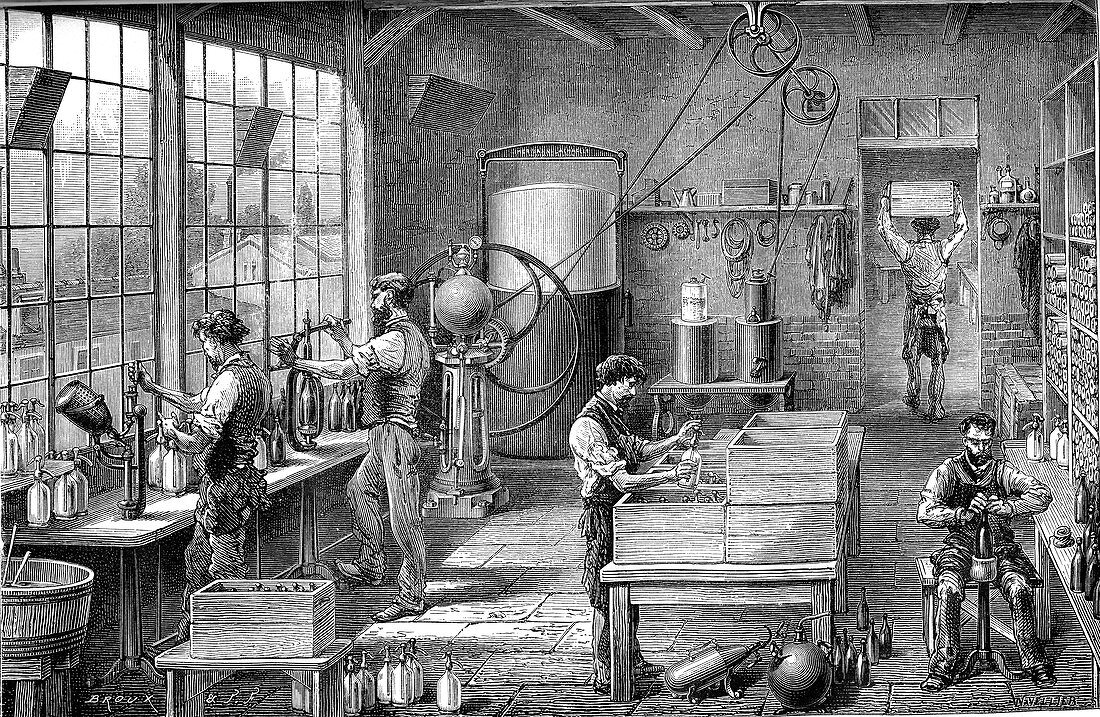 19th Century soda water factory, illustration