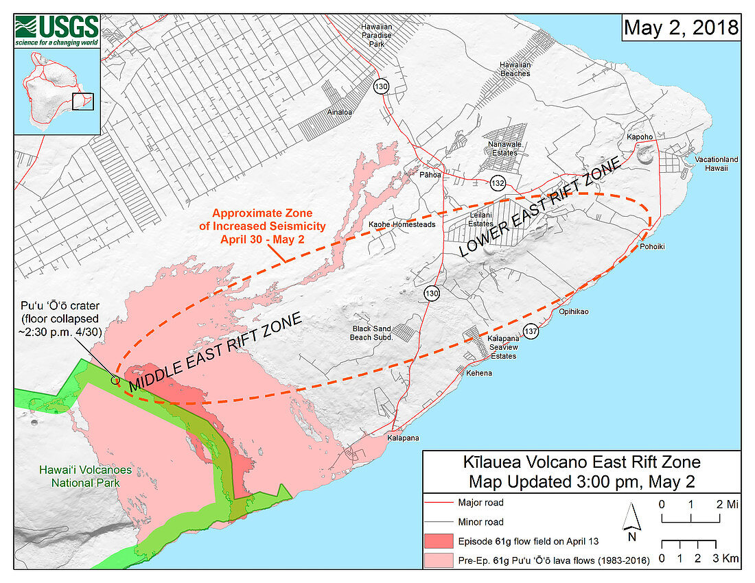 Kilauea eruption earthquake map, 2 May 2018