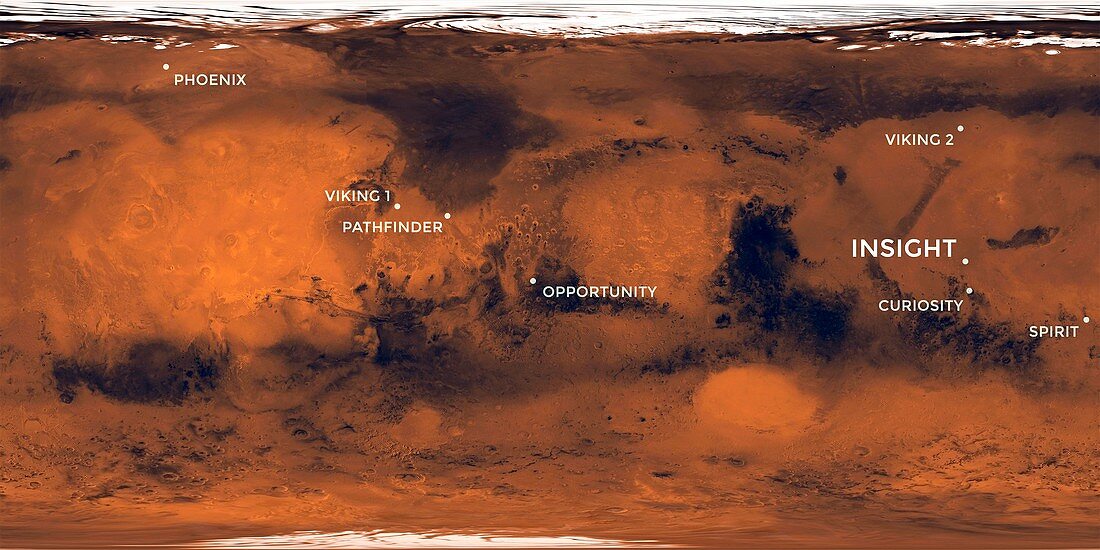 Mars mission landing sites, labelled map