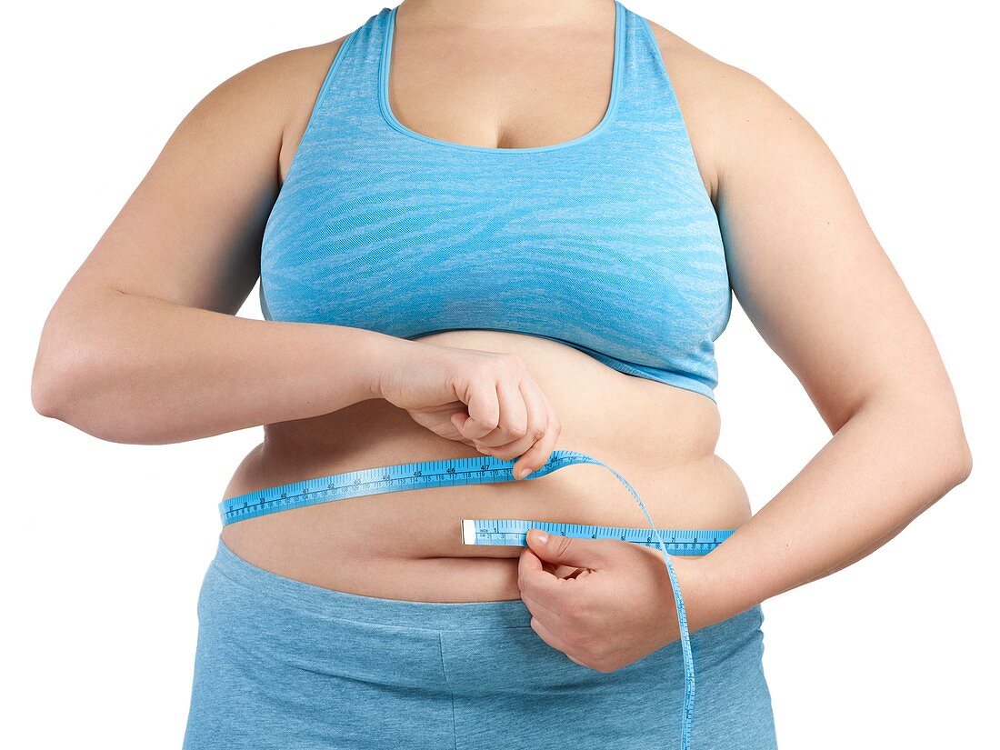 Overweight woman measuring waist