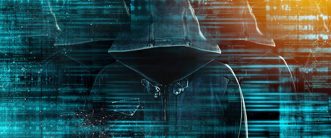 Hooded computer hackers with obscured faces