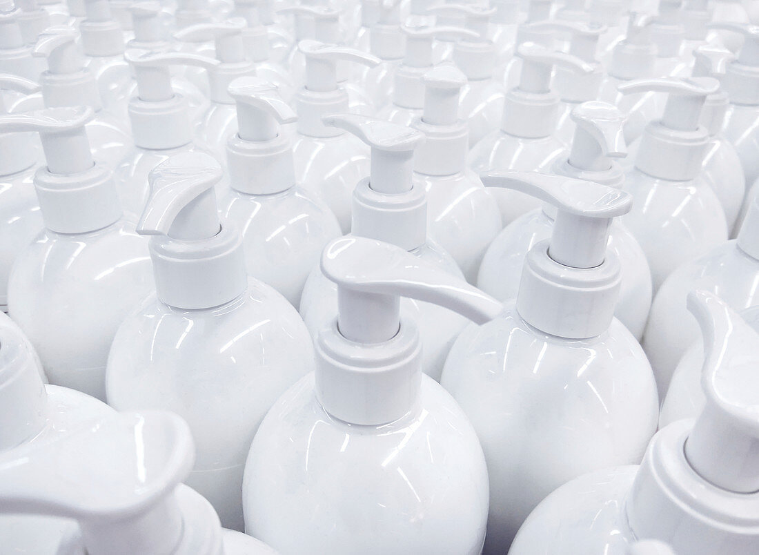 White liquid soap bottles