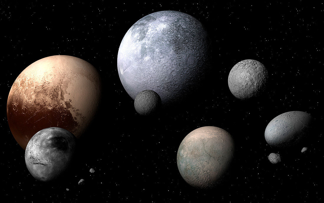 Dwarf planets and moons, illustration
