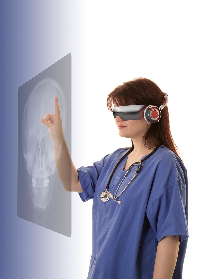 Doctor wearing VR headset and examining X-ray