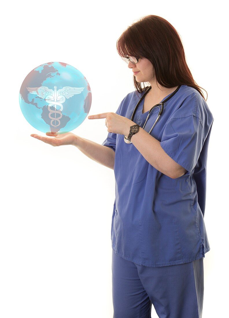 Doctor touching virtual globe