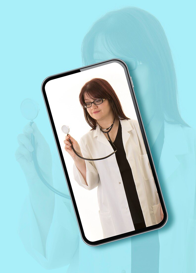 Doctor with stethoscope on smartphone screen