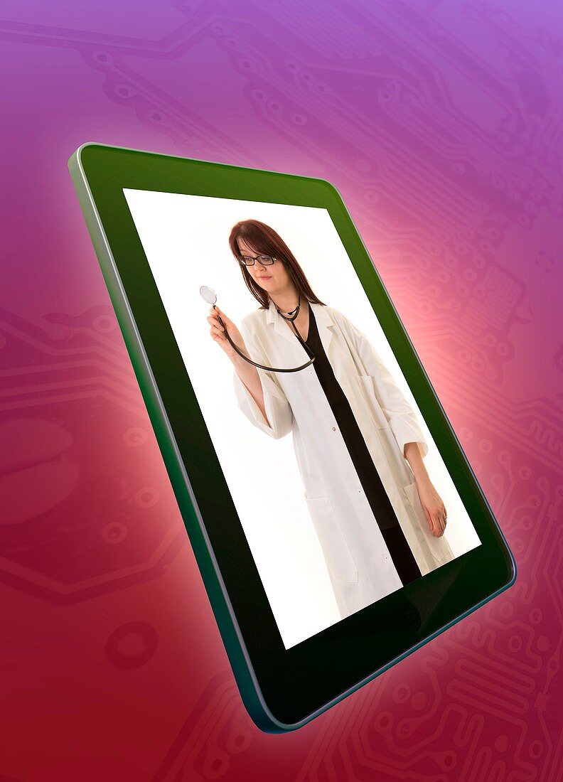 Doctor with stethoscope on digital tablet screen