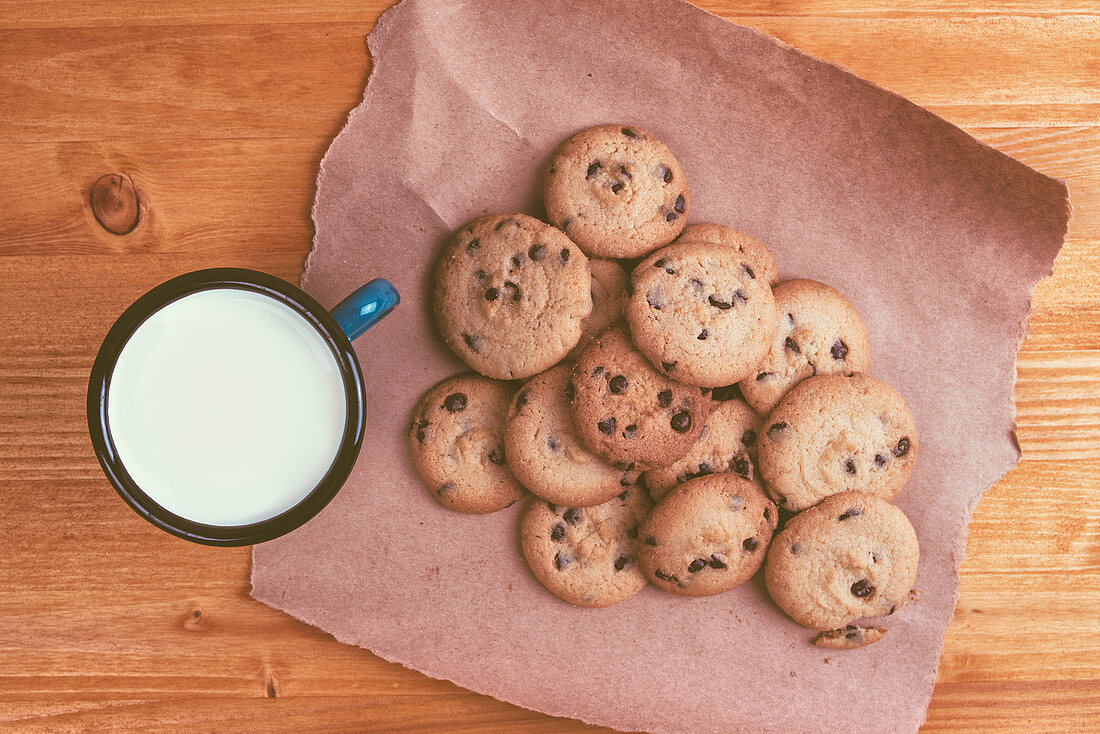 Homemade chocolate chip cookies and milk