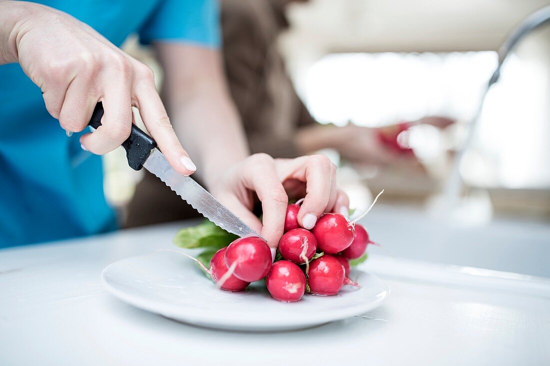 Woman cutting fresh radishes