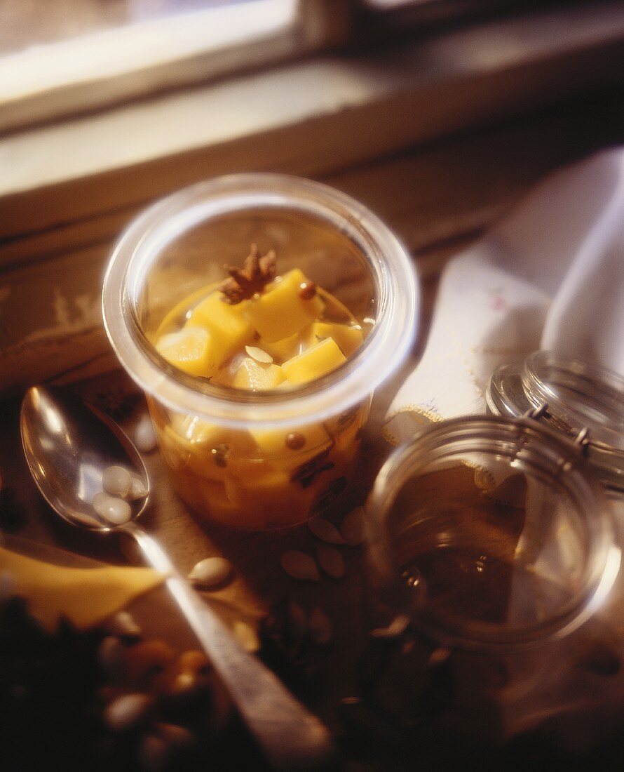 Pickled Pumpkin in a Small Glass Jar; Window