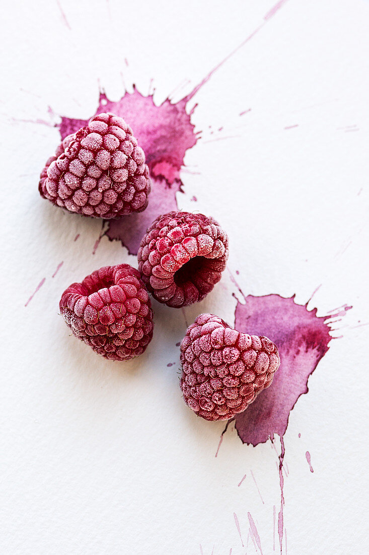 Four Frozen Raspberries on a watercolour painted background