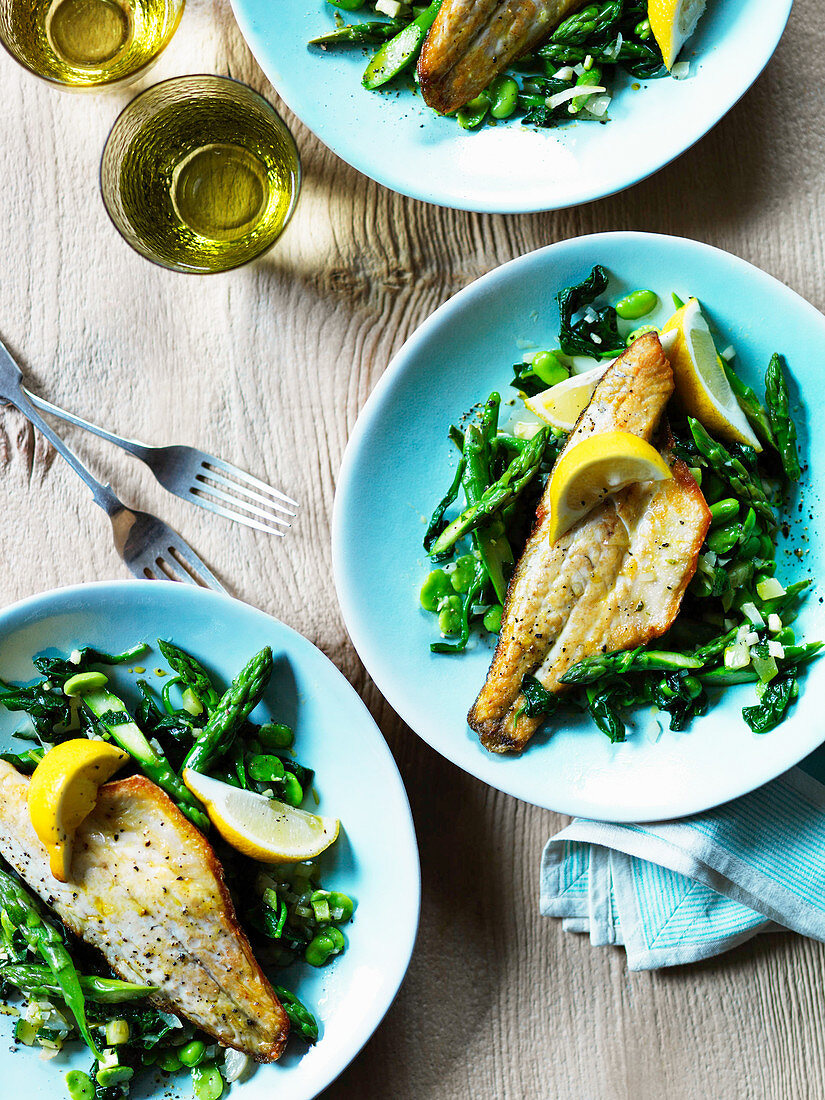 Grilled dorade with peas, asparagus and edamame