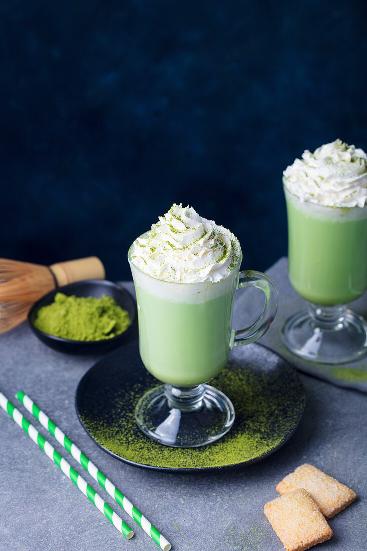 Matcha green tea latte with whipped cream