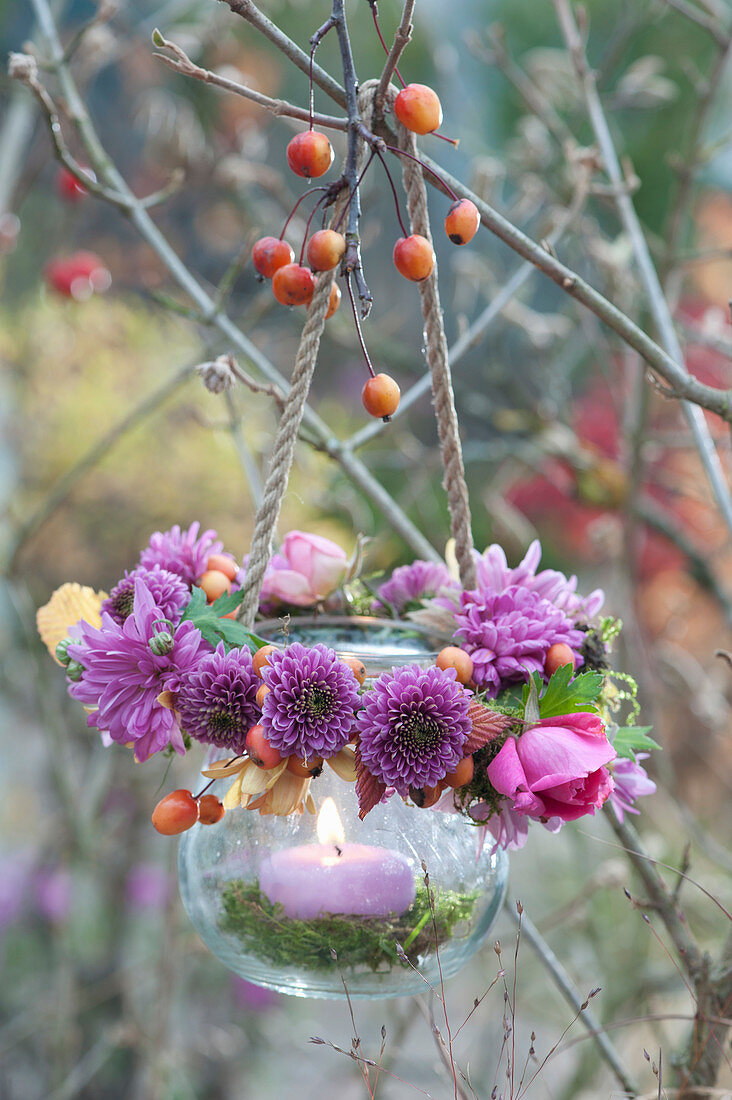 Lantern on the tree with wreath of chrysanthemums