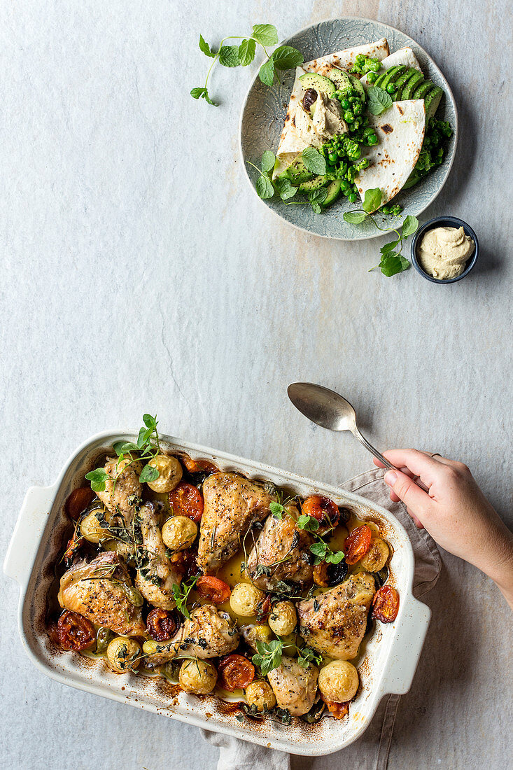 Quesadillas with hummus, minted peas and avocado - Chicken carper and apricot bake