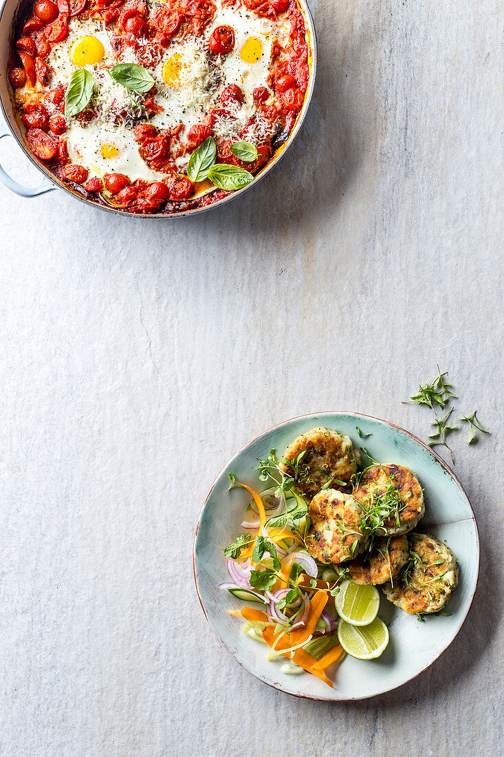 Melanzane shakshuka - Thai fishcakes with fennel salad