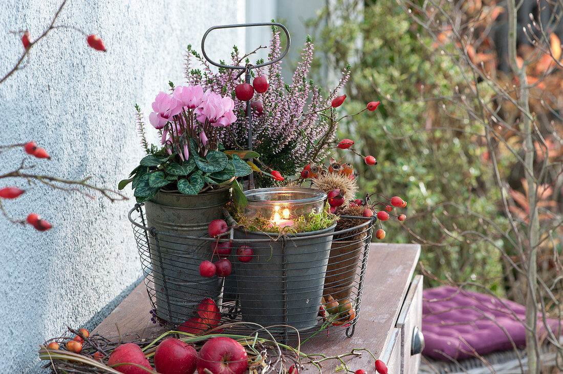 Autumn Arrangement With Lantern In Wire Basket