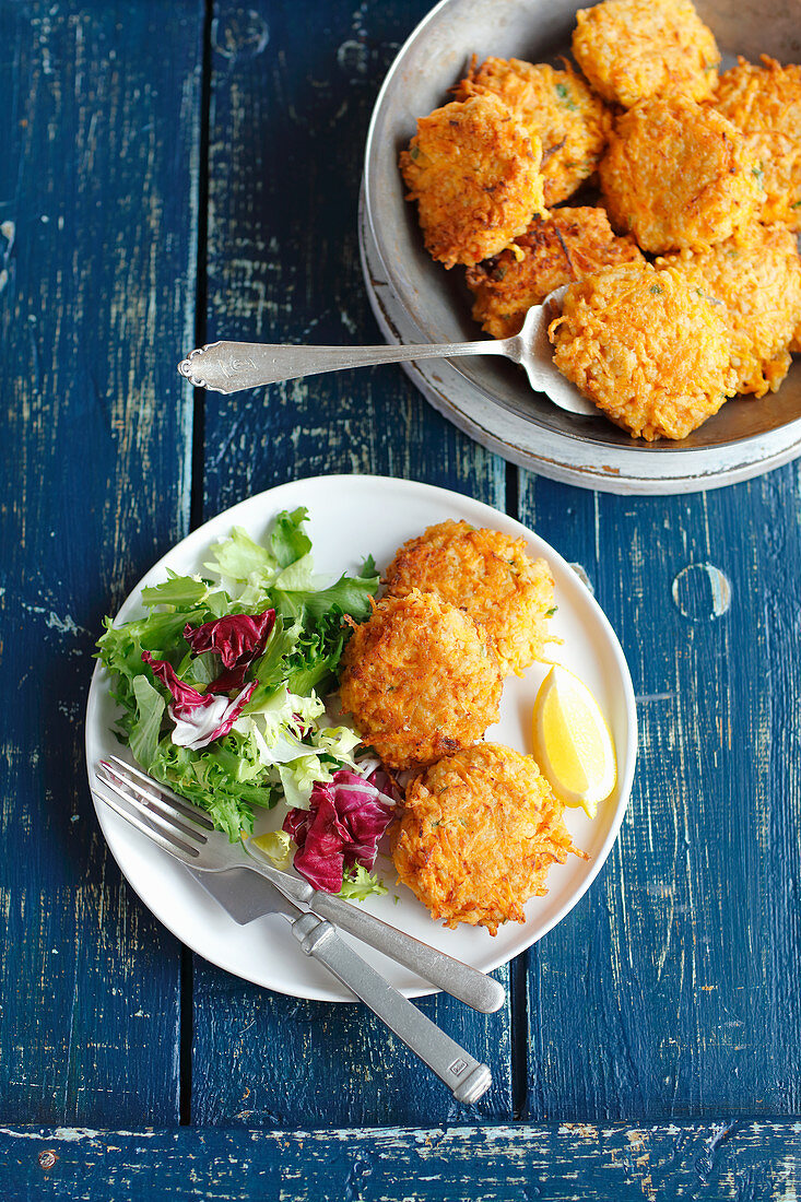 Pumpkin and barley fritters with salad