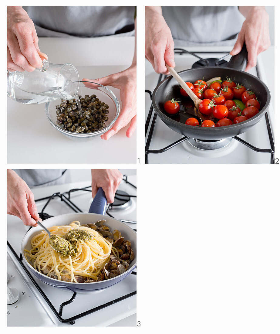Spaghetti mit Venusmuscheln, Mandel-Pistazien-Pesto, Kirschtomaten und Kapern zubereiten
