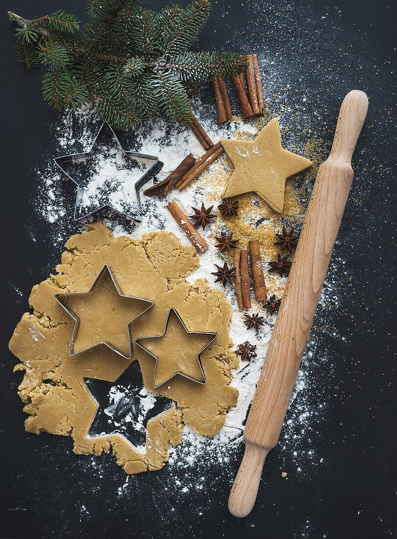 Baking ingredients for Christmas holiday traditional gingerbread cookies