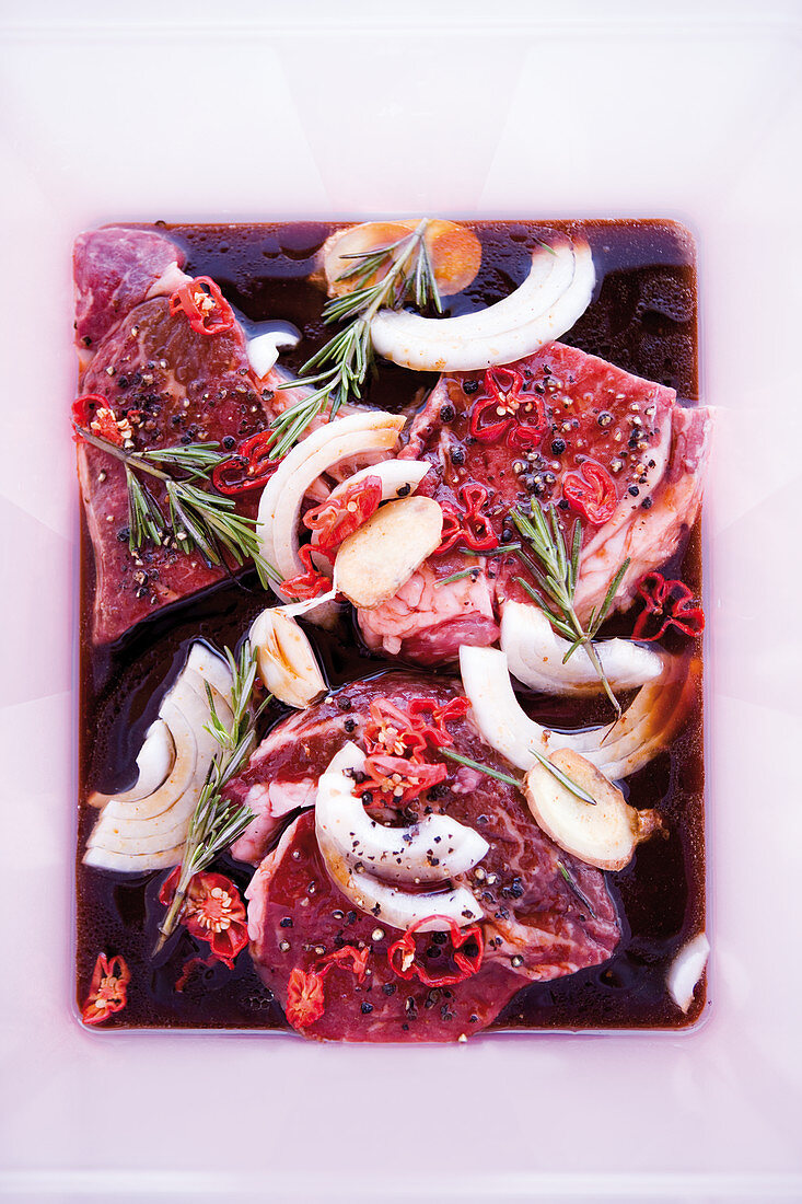 Beef in a red wine marinade with herbs and spices