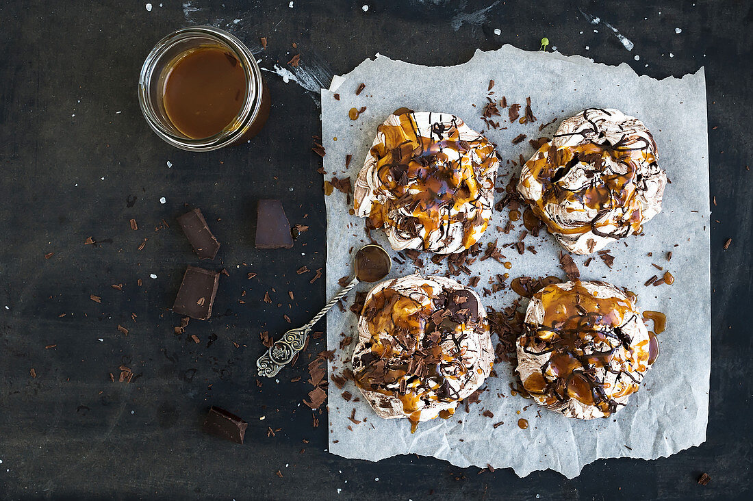 Salted caramel and chocolate meringues