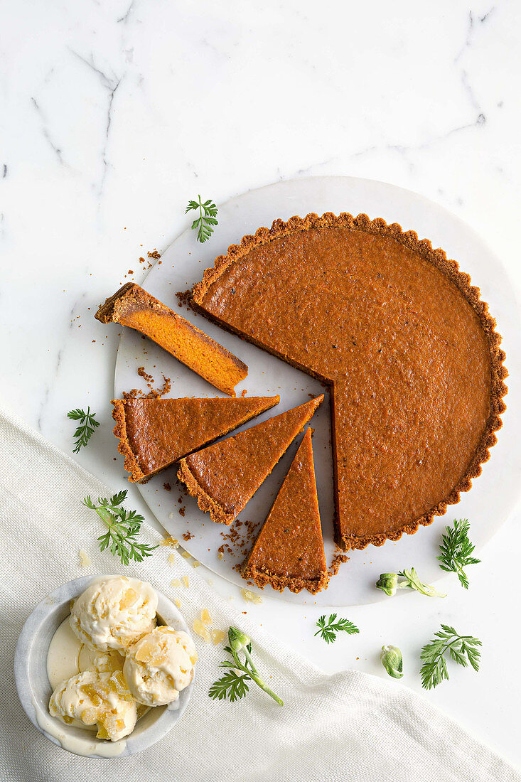 Carrot and white chocolate pie with ginger ice cream