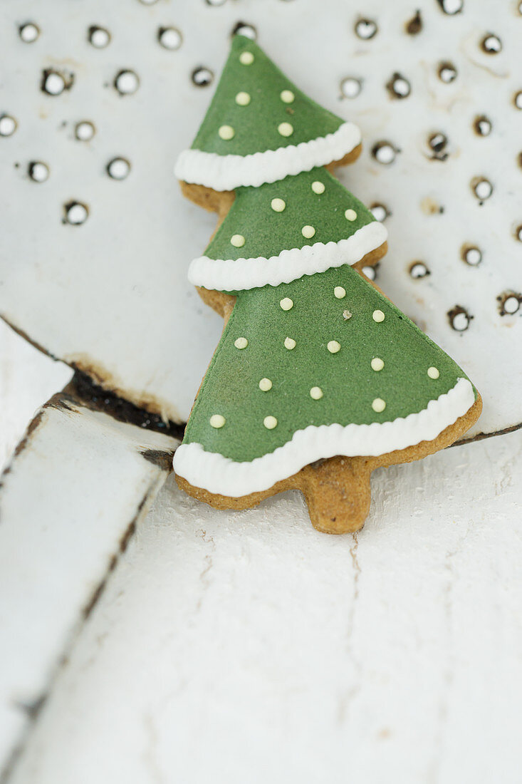 A fir tree cookie on a ladle