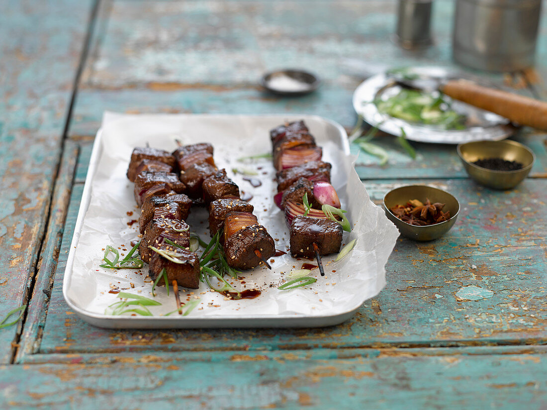 Asian barbecued steak skewers