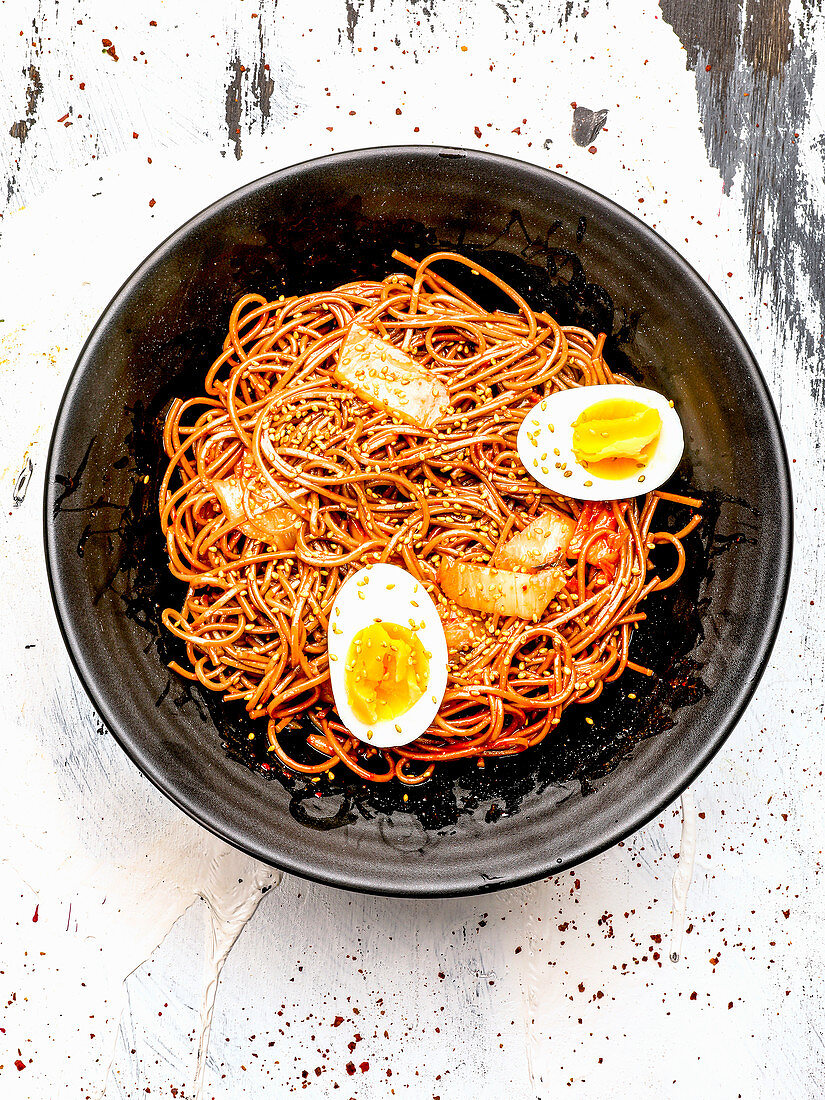 Cold kimchi noodles with hard-boiled eggs (Korea)