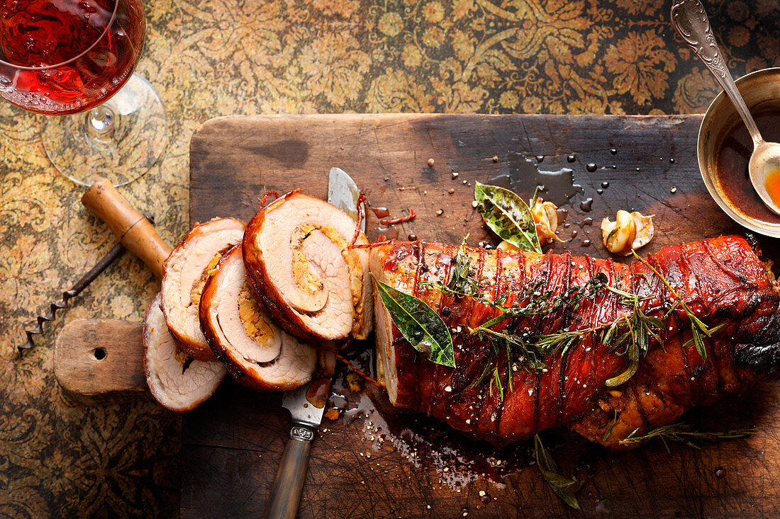 Veal roulade with a dried fruit and mustard filling and a honey ranch glaze