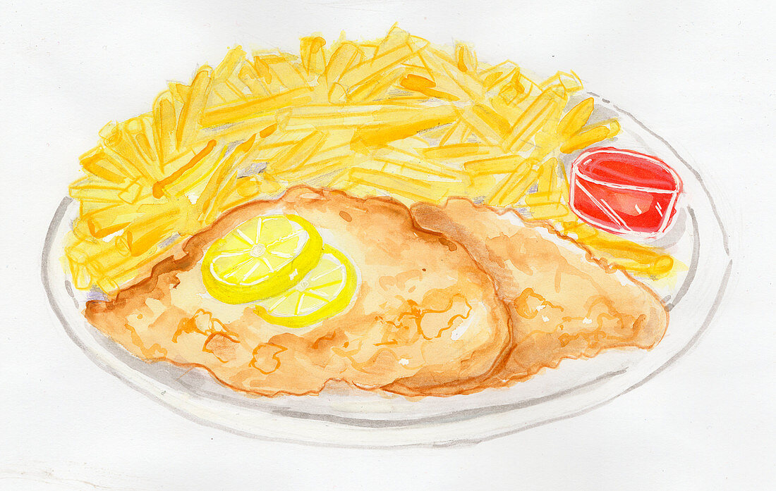 Schnitzel mit Pommes (Illustration)