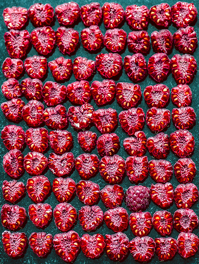 Halved raspberries