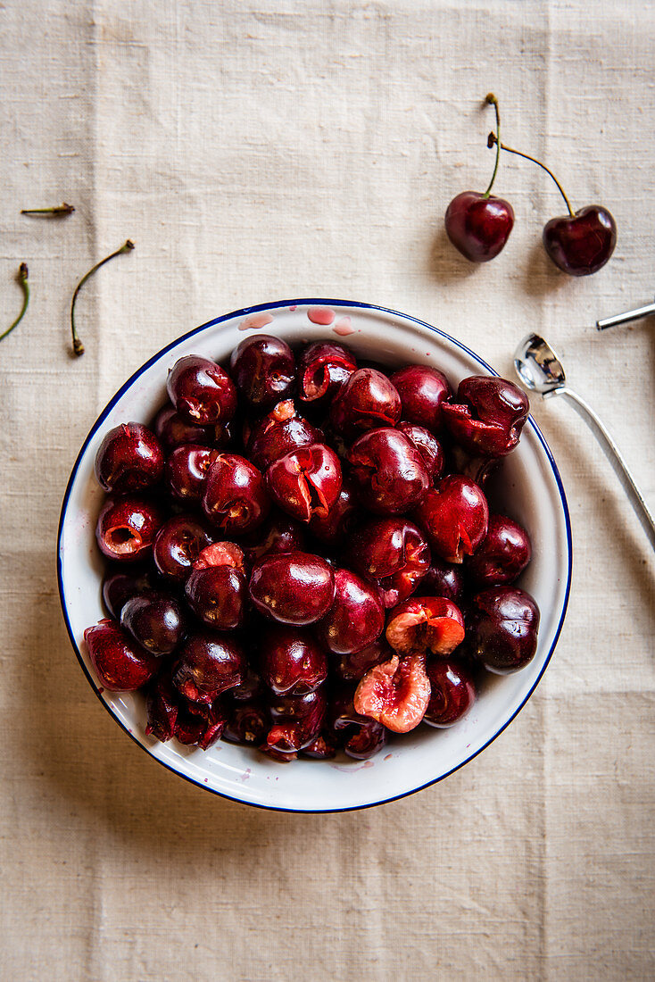 De-stoned cherries in a bowl