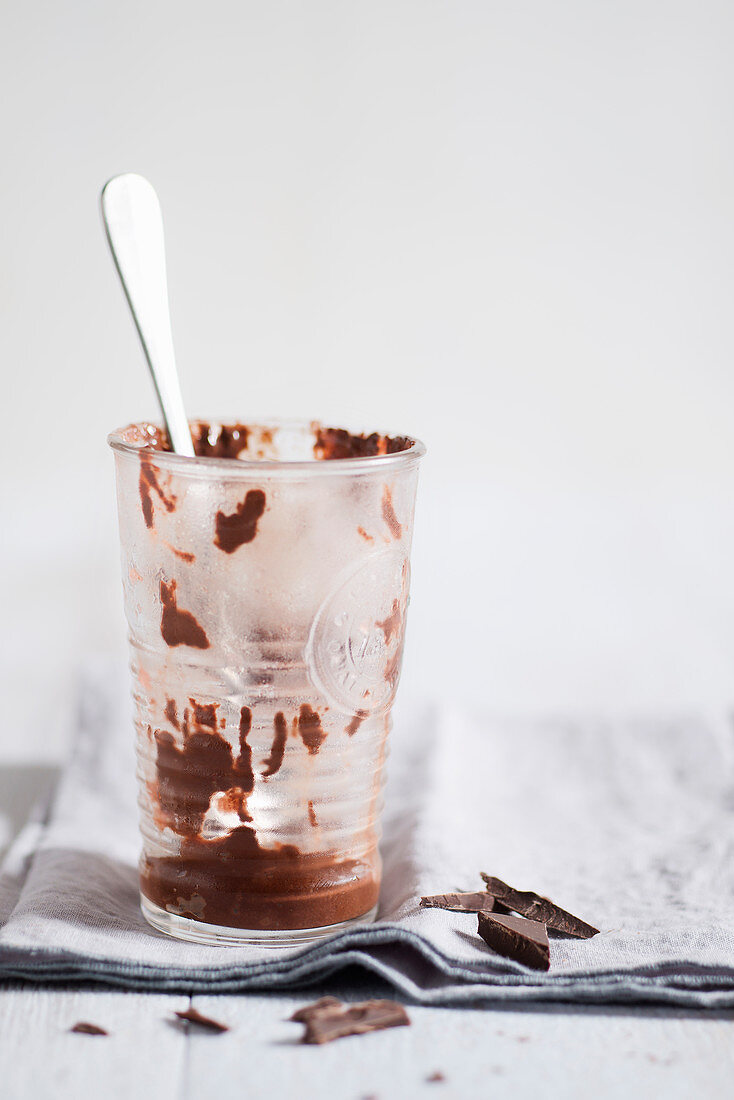 Leergegessenens Glas mit Schokoladeneis