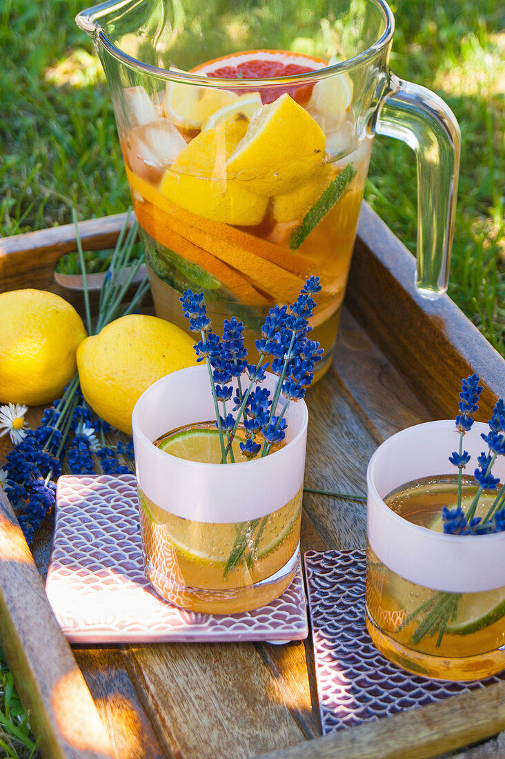 Iced tea with citrus fruits and lavender in a jug and glasses