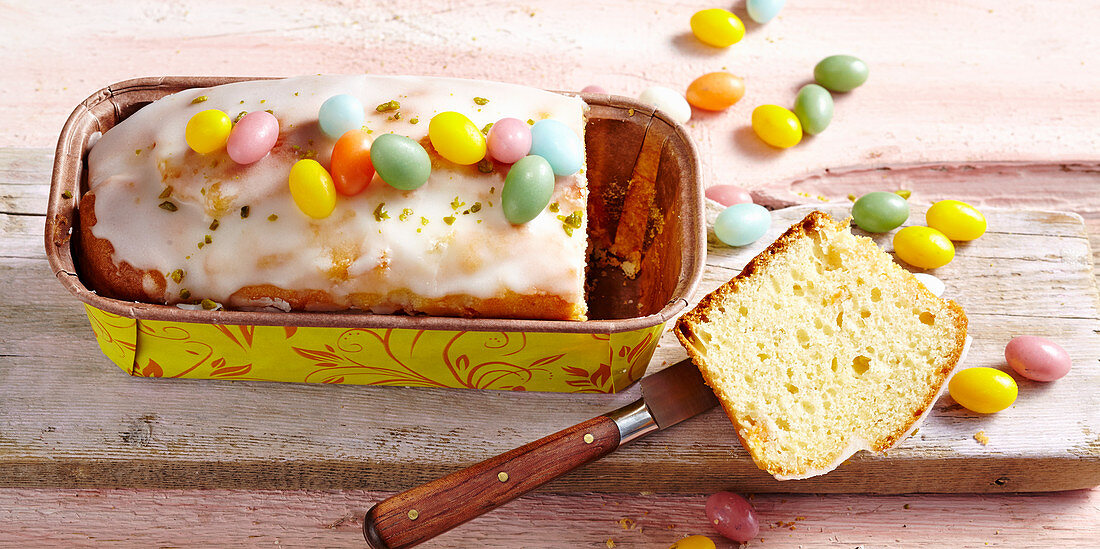 A mini apricot loaf cake with sugar eggs for Easter