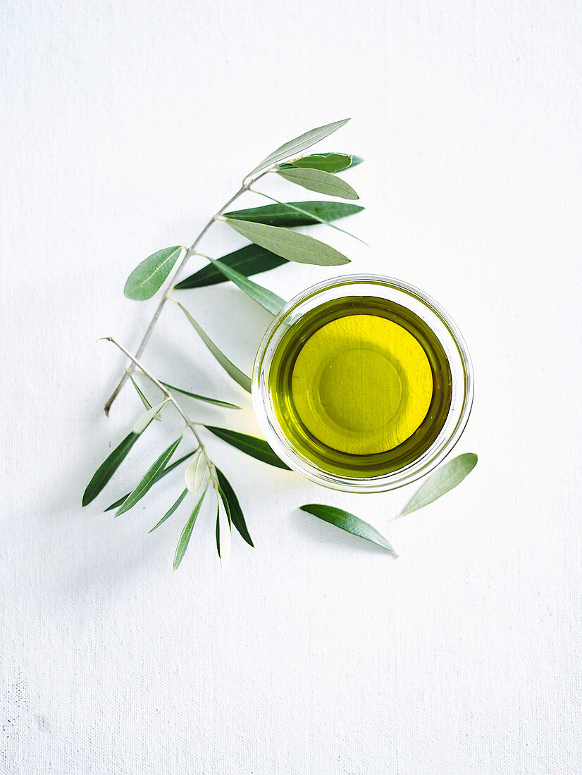 Olivenöl in Schale und Olivenzweig