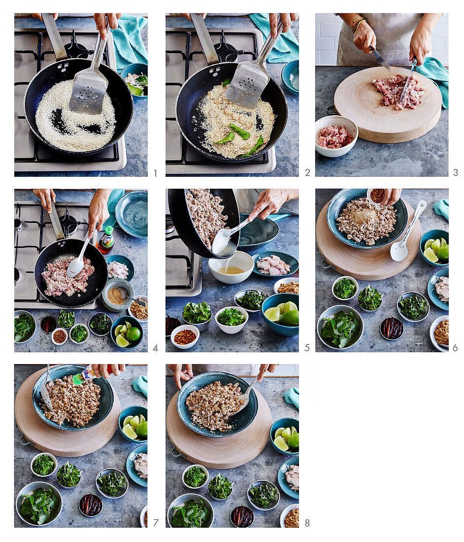 Zubereitung von Larb Gai (Thai-Hähnchensalat)